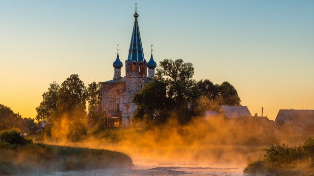 Church tower spire fog river free wallpaper - medium preview image