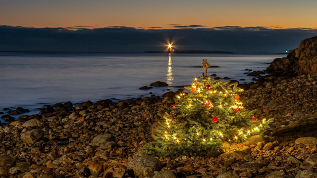 Christmas tree beach lighthouse lights free wallpaper - medium preview image