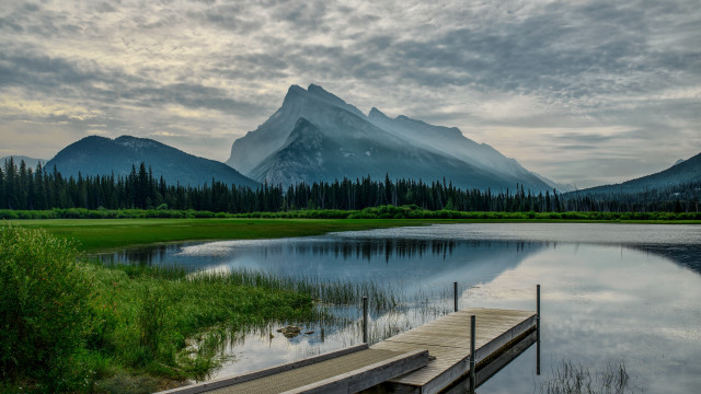 Mountain lake dock forest horizon free wallpaper - medium preview image