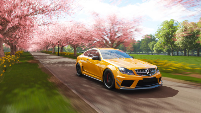 Yellow car pink flower trees free wallpaper - medium preview image
