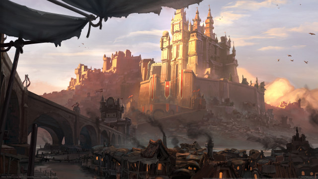Castle smoke bridge fantasy dusk free wallpaper - medium preview image