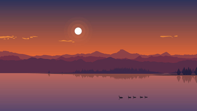 Sunset lake ducks mountains cityscape free wallpaper - medium preview image