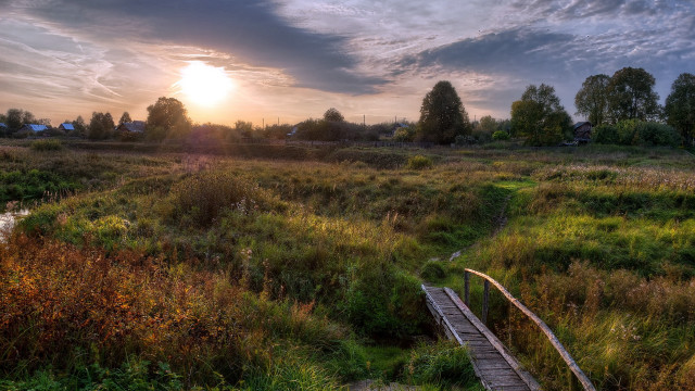 Wooden bridge grassy field sunset free wallpaper - medium preview image
