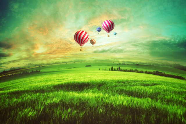 Three balloons green field sunset free wallpaper - medium preview image