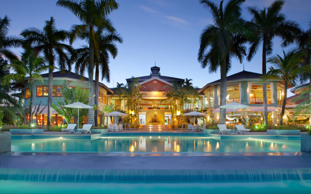 Luxury pool palm trees waterfall free wallpaper - medium preview image
