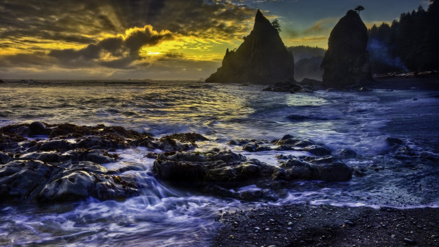 Sunset rocky beach waves mountains free wallpaper - medium preview image