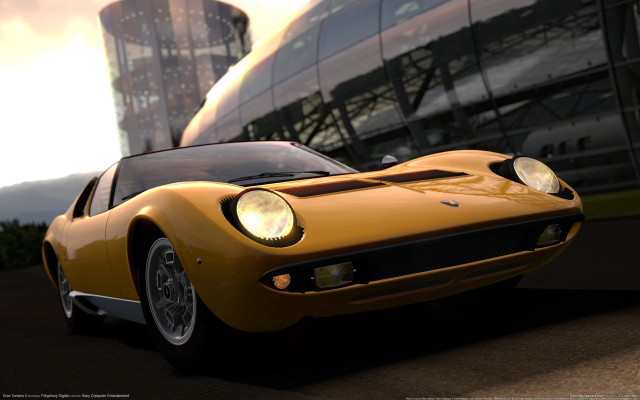 Yellow sports car glass building free wallpaper - medium preview image