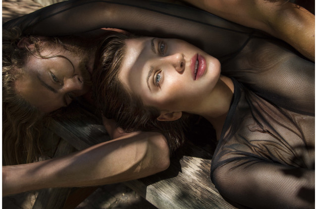 Two women sheer clothing bench free wallpaper - medium preview image