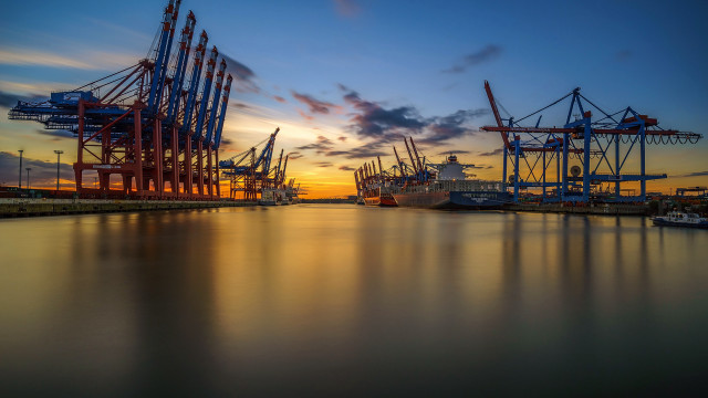Harbor boats cloudy sunset bridge free wallpaper - medium preview image