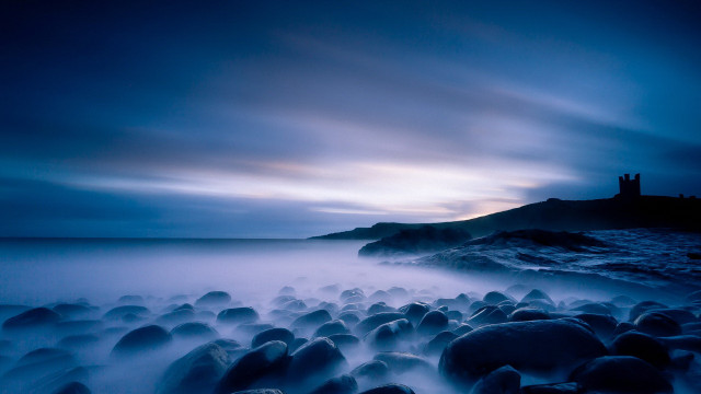 Lighthouse rocky beach night fog free wallpaper - medium preview image