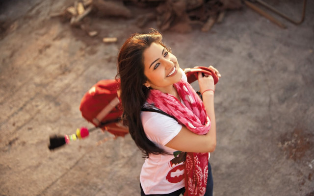 Woman red scarf backpack smiling free wallpaper - medium preview image