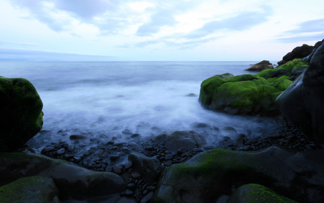 Rocky beach mossy cliffs dusk free wallpaper - medium preview image