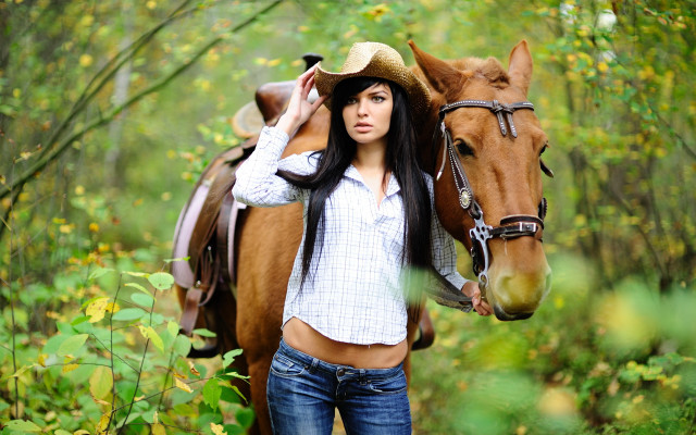 Cowgirl horse woods outdoors denim free wallpaper - medium preview image