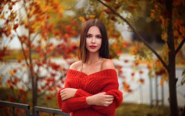 Woman red sweater tree autumn free wallpaper - medium preview image