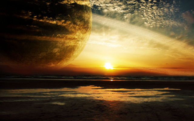 Sunset planet mountain ocean lensflare free wallpaper - medium preview image