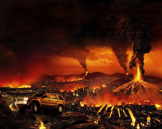 Volcano lava bridge cityscape fire free wallpaper - medium preview image