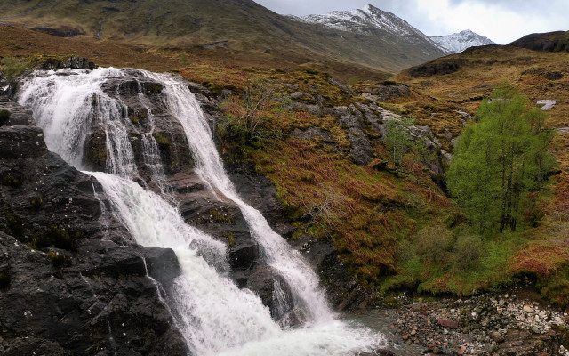 Waterfall mountain green tree snowy free wallpaper for desktop - medium preview image