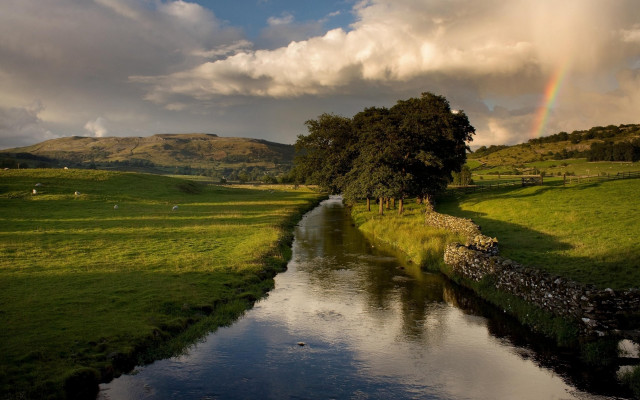 River lush field rainbow cloudy free wallpaper - medium preview image