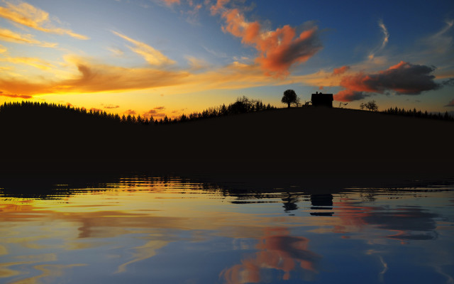 Sunset house hill lake trees free wallpaper - medium preview image