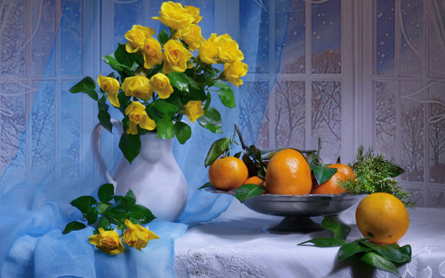 Vase flowers oranges table blue free wallpaper - medium preview image