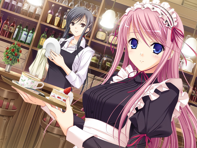 Anime girls restaurant food wine free wallpaper - medium preview image