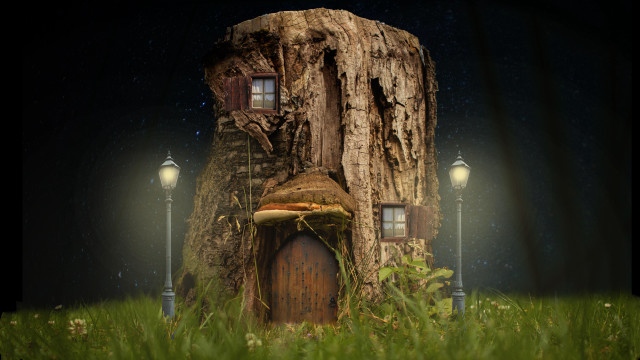Tree stump house night lights free wallpaper - medium preview image