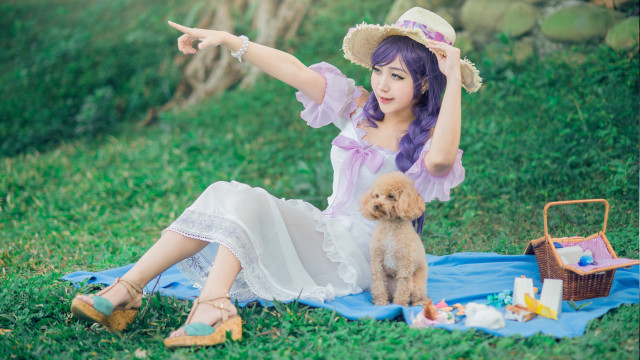 Woman hat dress dog pointing free wallpaper - medium preview image