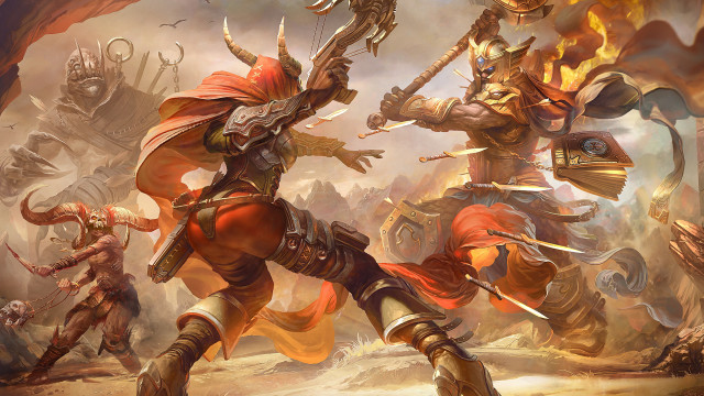 Battle demons heroes fire swords free wallpaper - medium preview image