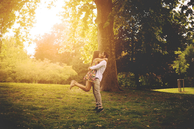 Romantic kiss park autumn fireworks free wallpaper - medium preview image