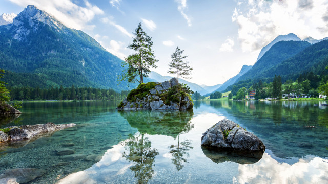 Lake mountains trees island tree free wallpaper - medium preview image