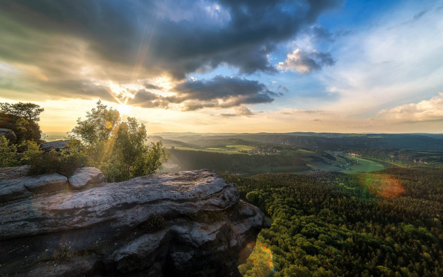 Sunset valley forest mountain lake free wallpaper - medium preview image