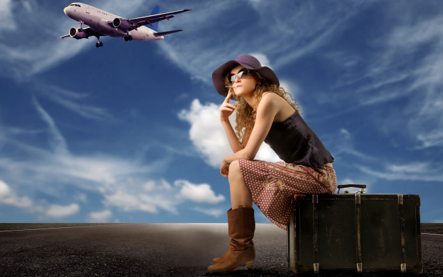 Woman suitcase plane sky outdoors free wallpaper - medium preview image