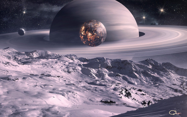Planet rings mountains stars space free wallpaper - medium preview image