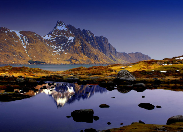 Mountain lake sunset city reflection free wallpaper - medium preview image