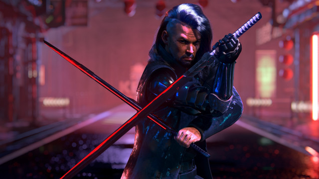 Futuristic cyberpunk swordsman redlights building free wallpaper - medium preview image