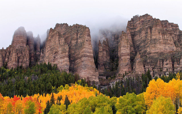 Mountain forest autumn sunset architecture free wallpaper - medium preview image