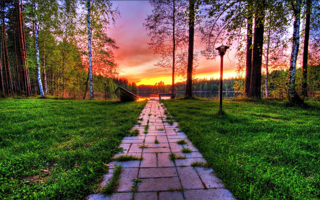 Sunset path grassy trees fence free wallpaper - medium preview image