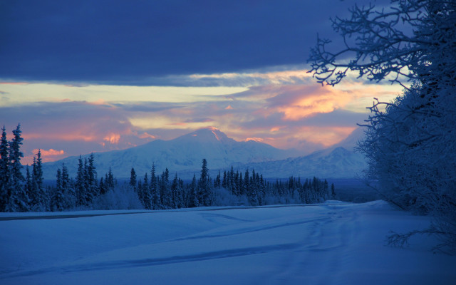 Snowy road mountain sunset forest free wallpaper - medium preview image