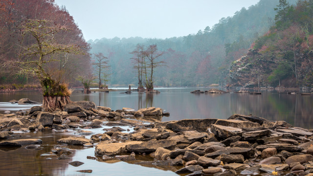 Lake rocks trees foggy sky free wallpaper - medium preview image