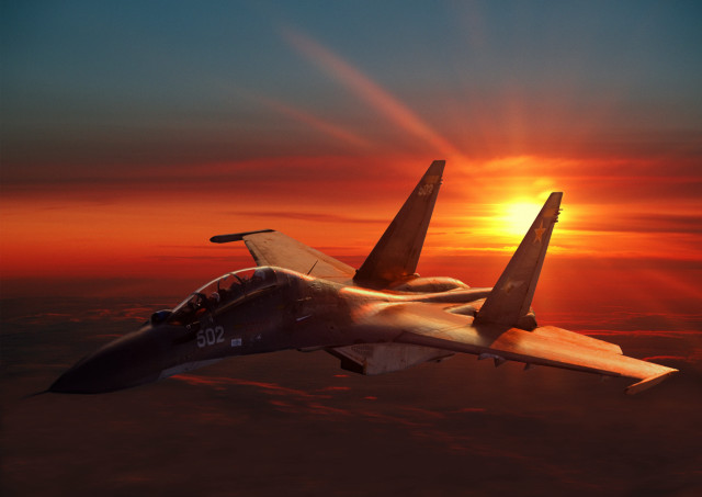 Fighter jet sunset clouds backlit free wallpaper - medium preview image