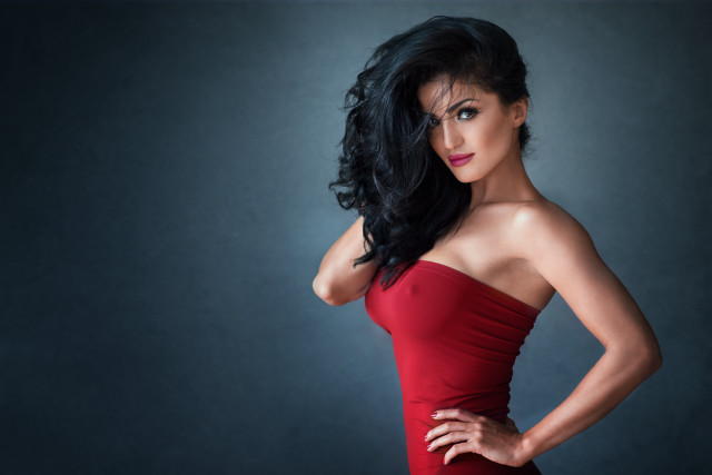 Woman red dress portrait black free wallpaper - medium preview image