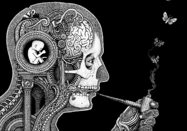 Skeleton smoking clock butterfly drawing free wallpaper - medium preview image