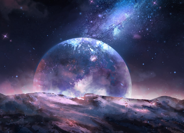 Large planet starry sky mountains free wallpaper - medium preview image