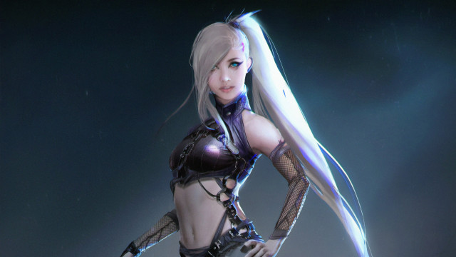 Woman sword bodySuit blueBackground fantasy free wallpaper - medium preview image