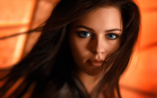 Woman blueeyes longhair orangeblur photorealism free wallpaper - medium preview image