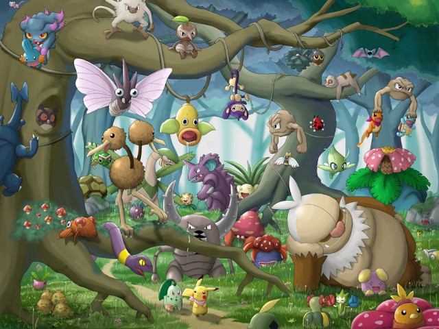 Cartoon animals forest tree mushrooms free wallpaper - medium preview image