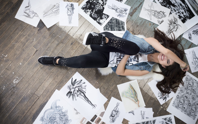 Woman drawing floor blackhair sneakers free wallpaper - medium preview image