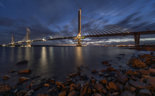 Bridge water rocks sky clouds free wallpaper - medium preview image