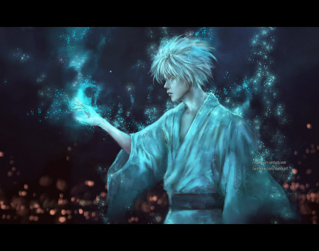 White haired man holding green free wallpaper - medium preview image
