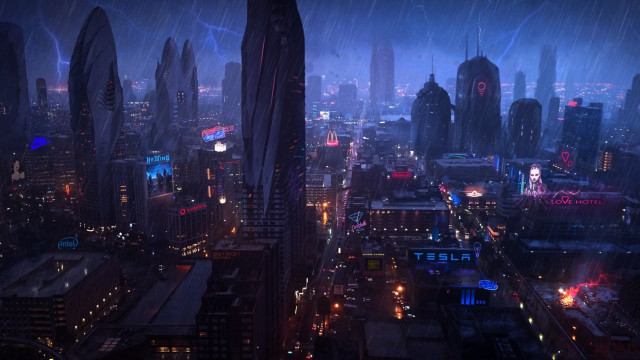 Cityscape rain night lights futurism free wallpaper - medium preview image